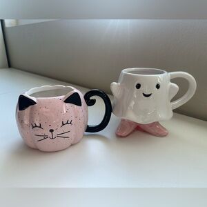 Cute Cat and Ghost Mug Set - Pink and White